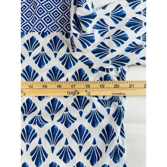 Talbots L Petite Cotton Blend Blue White Tunic Navy Blue Tassel Hem Boho India - Picture 14 of 16